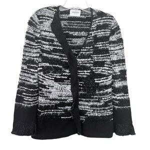Stizzoli Black White Eyelash Knit Striped Metallic Cardigan Sweater Jacket